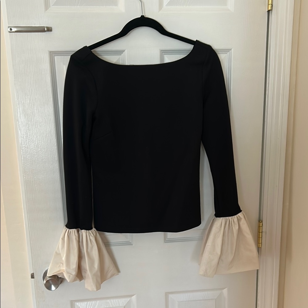 STAUD Black and Cream Ruffled Blouse with Flared Sleeves